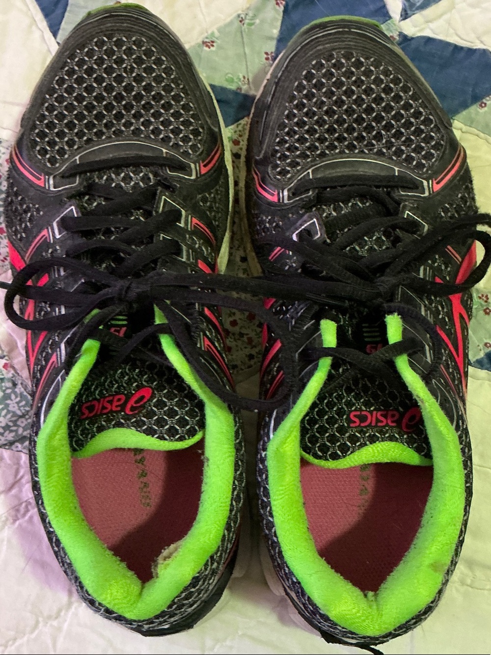 Asics Black Running Shoes with Neon Green and Pink Highlights